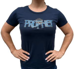 Woman wearing a navy Prophet logo T-shirt